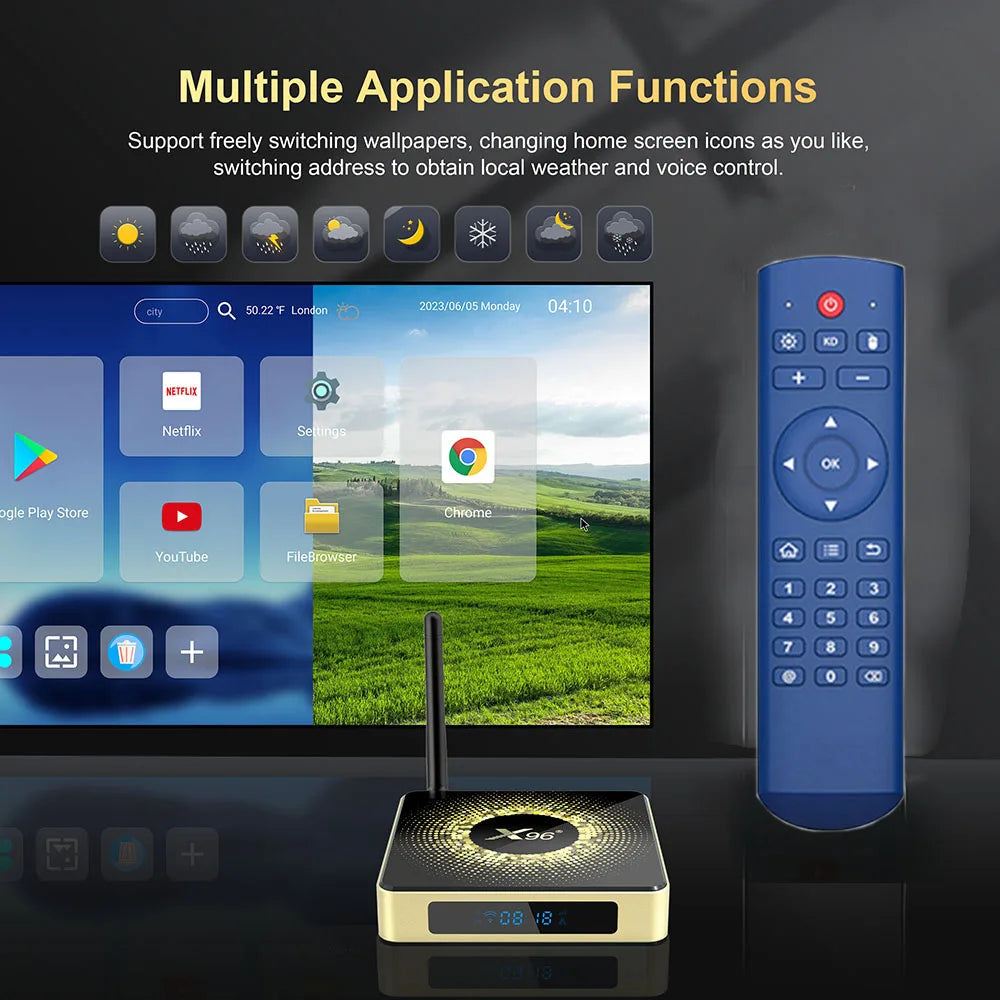 Smart TV box with remote control displaying application functions on a screen.
